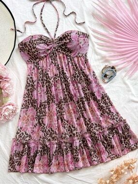 Pink Floral Leopard Print Halter Sundress